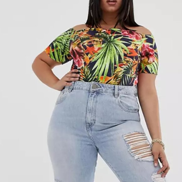 off the shoulder Pink Clove bardot bodysuit in tropical print Size 18 - Picture 3 of 4